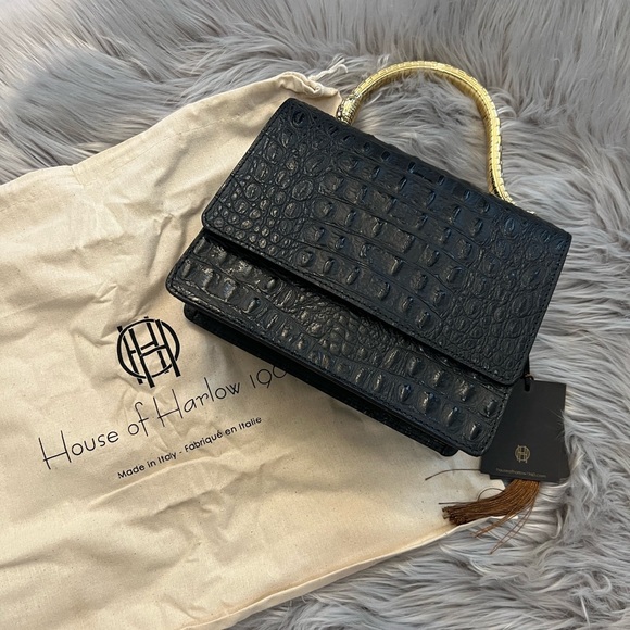 House of Harlow 1960 Leather "Croc" Pattern with Gold Snake Handle Bag RARE - Picture 1 of 12